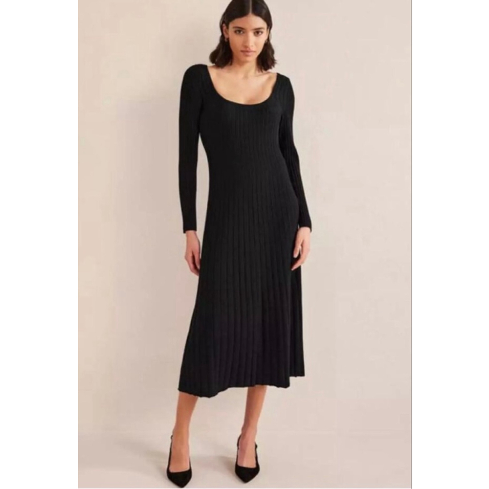 Boden Black Scoop neck ribbed knitted midi dress long sleeves